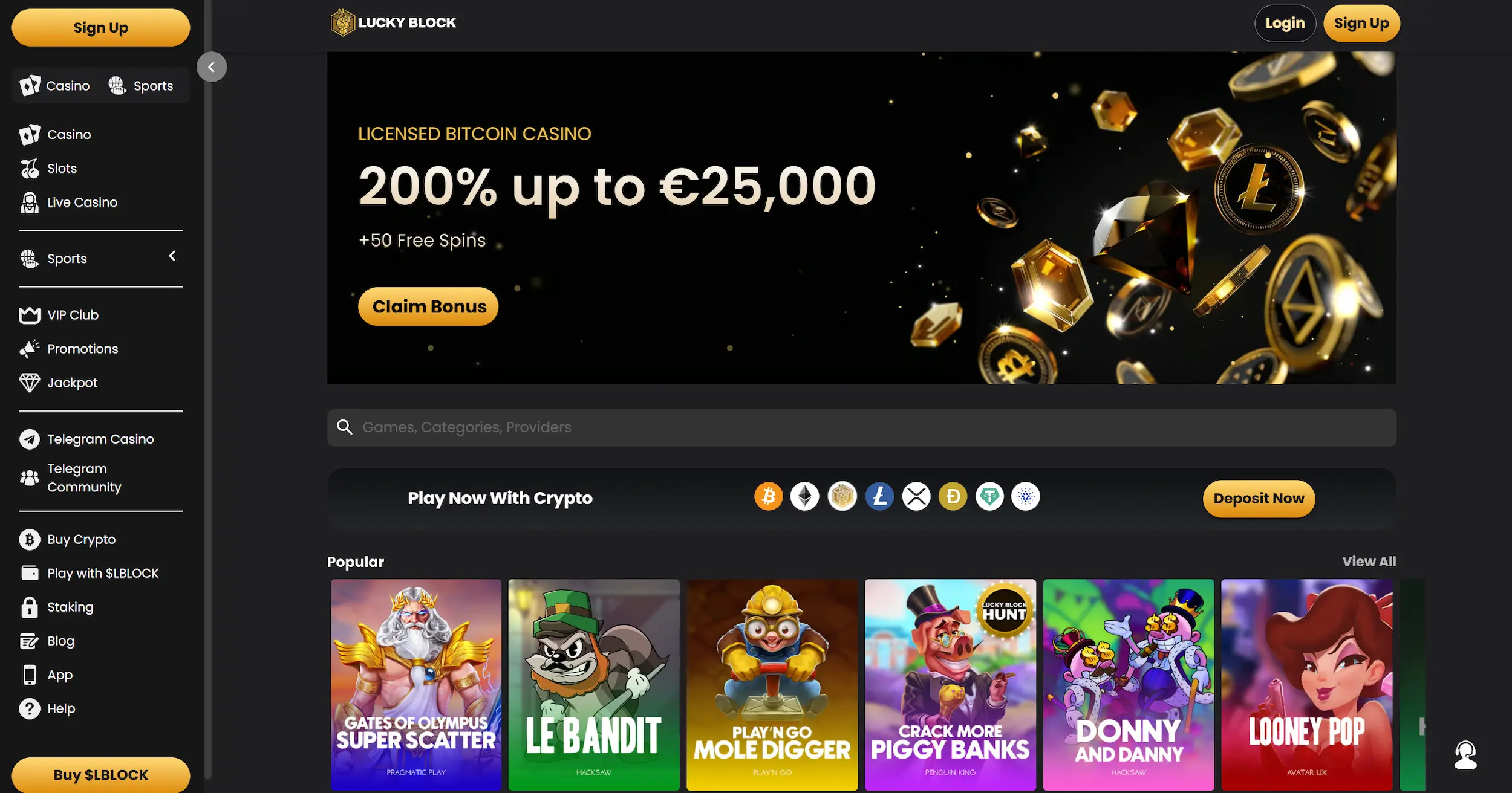 Lucky Block casino frontpage showing welcome offer, popular online pokies and site navigation